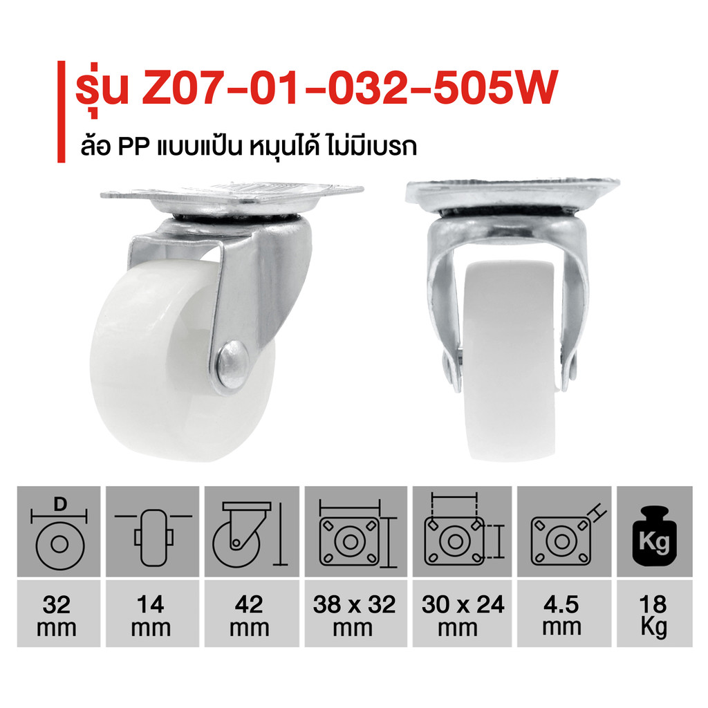 GIANT KINGKONG ล้อ PP แบบแป้น หมุนได้ ไม่มีเบรก รุ่น Z07-01-032-505W ขนาด 3.2 ซม. สีขาว ราคา ถูกที่สุด ดีลบีเคเค แกลเลอรีภาพที่ 7