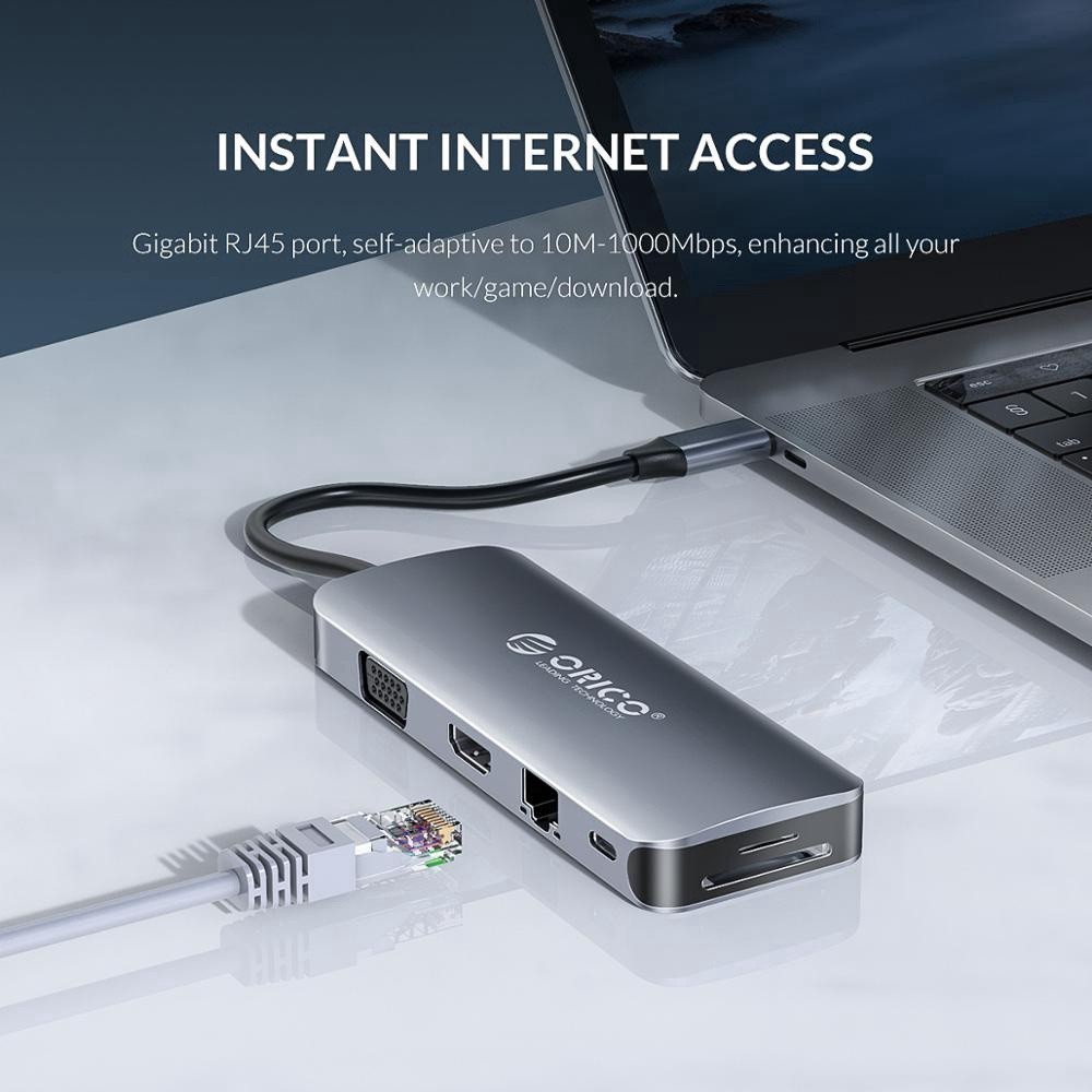 [ออกใบกำกับภาษีได้ E-TAX] ORICO MC-U111P USB-C Docking Station USB3.0 HDMI VGA 100W PD RJ45 Card Reader Audio Adapter