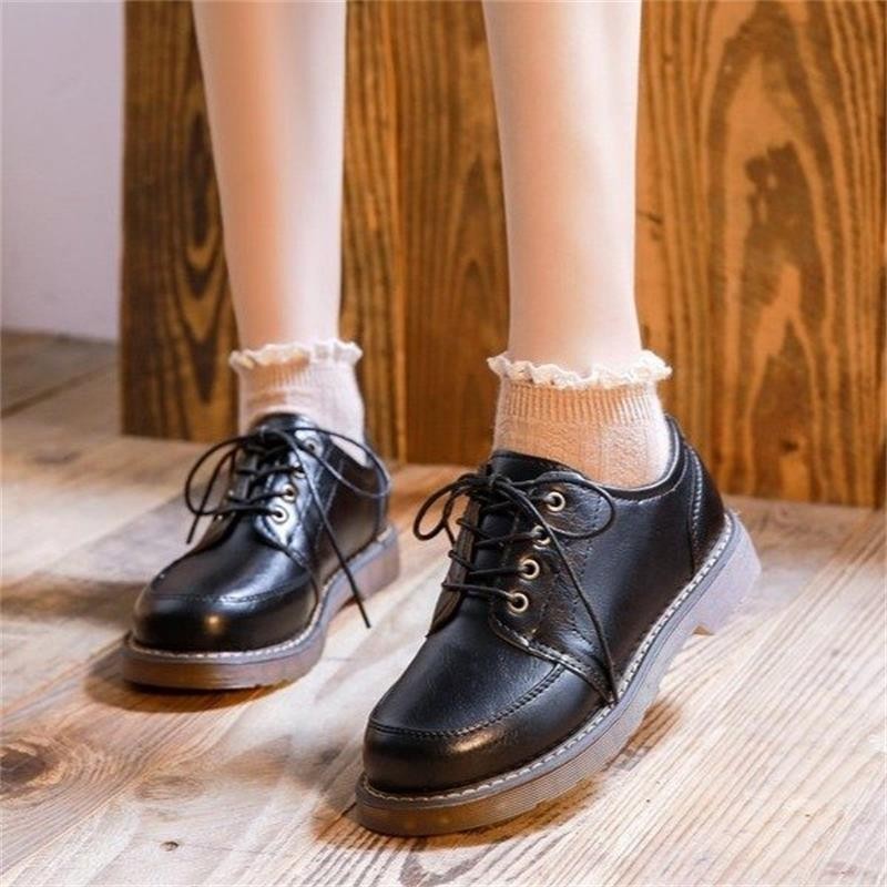 IELGY สีน้ําตาล Lace-up Oxford Lace-up บางรองเท้าหนังผู้หญิง 2025 Preppy Vintage พร้อมกระโปรง