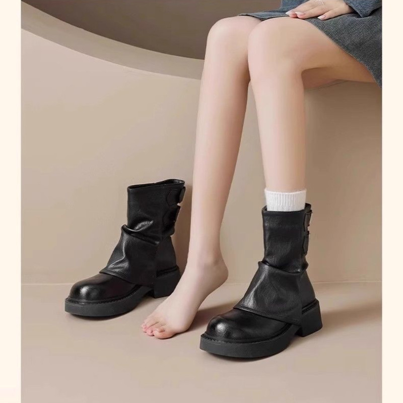 IELGY IELGY รอบ นิ้วเท้า สีทึบรองเท้าผู้หญิง 2025 แพลตฟอร์มอัศวินอังกฤษ มาร์ติน บูต หนัง - รูปที่ 7