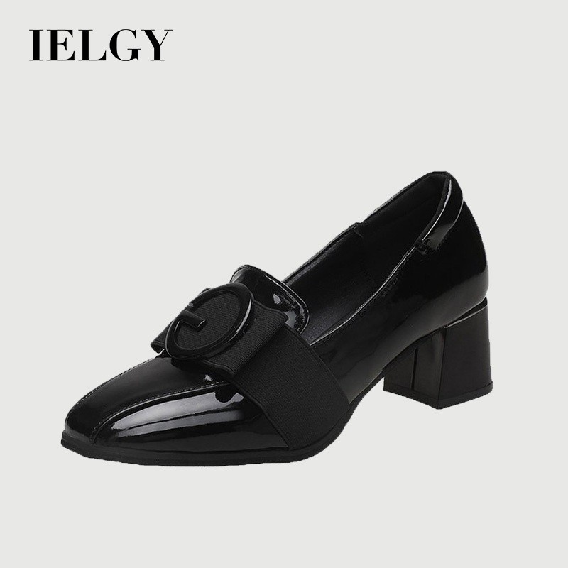IELGY แฟชั่นหนังสิทธิบัตรนุ่มส้นหนาสไตล์อังกฤษรองเท้าส้นสูงผู้หญิง