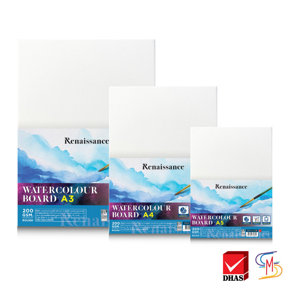 Renaissance บอร์ดกระดาษสีน้ำ กระดาษร้อยปอนด์ 200 แกรม ผิวหยาบ ขนาด A3 / A4 / A5 จำนวน 1 แผ่น