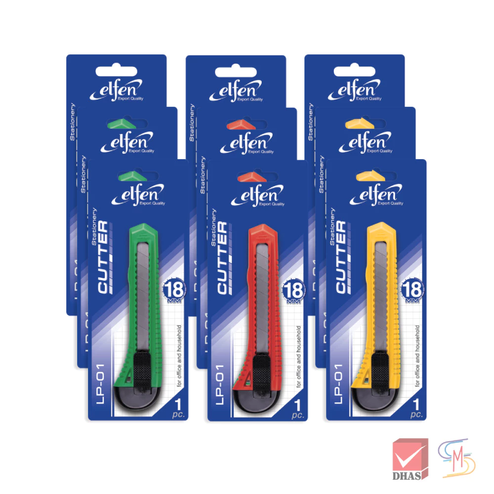 (แพ็ค 12) Elfen เอลเฟ่น คัตเตอร์ รุ่น LP-01 18 มม. คละสี จำนวน 12 อัน