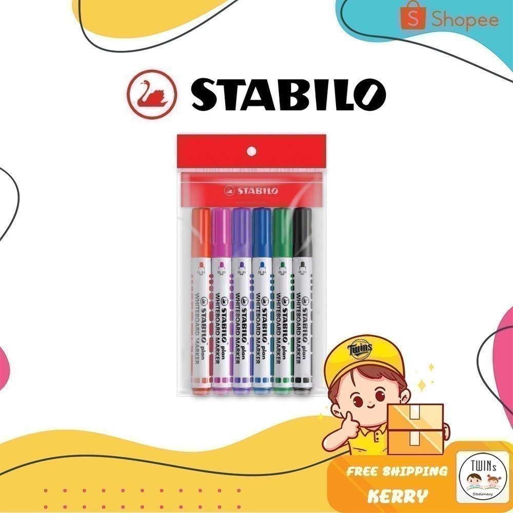 ปากกาไวท์บอร์ดลบได้ Whiteboard Stabilo สตาบิโล หัวกลม และหัวตัด เซ็ต 6 แท่ง