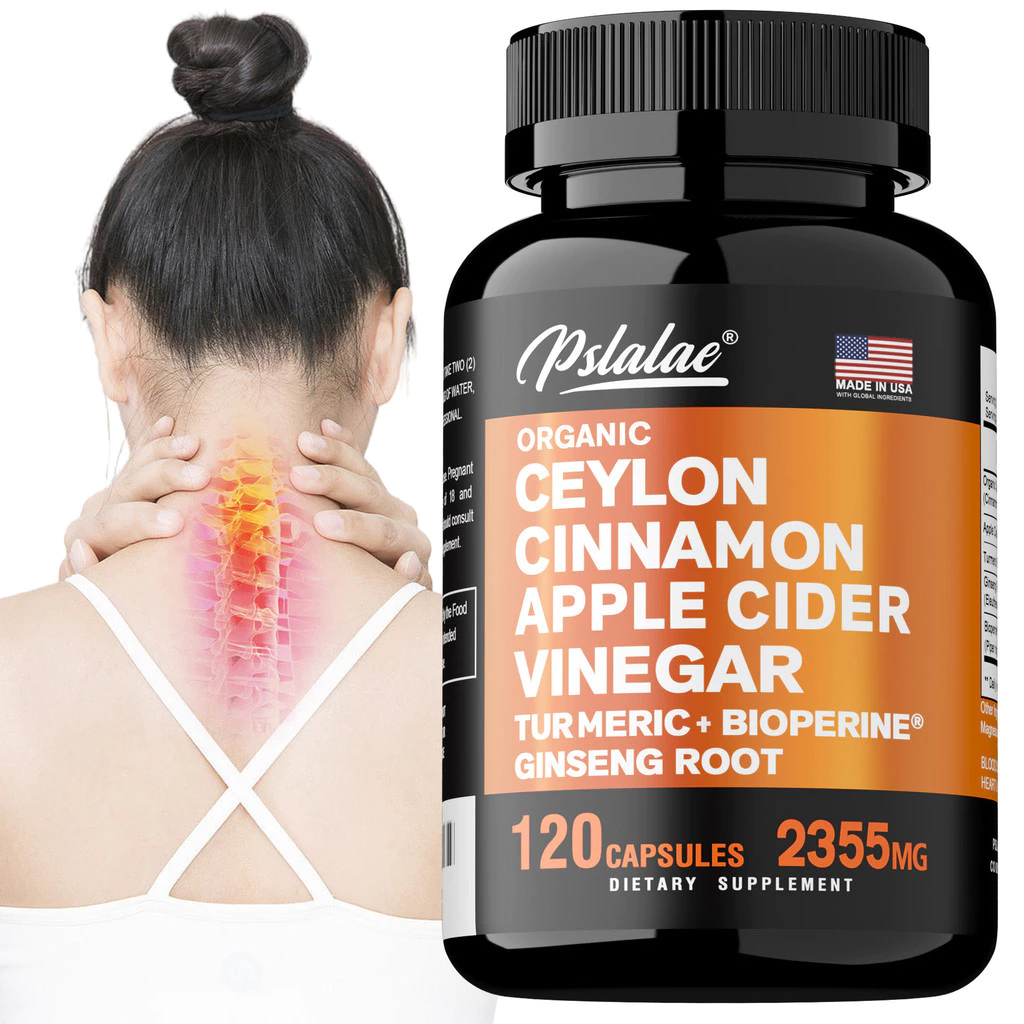 Pslalae Premium Ceylon Cinnamon & Apple Cider Vinegar Capsules พร้อมขมิ้นและโสม, รองรับน้ําตาลในเลือด, Metabolsm Booster, BioPerine® สําหรับการดูดซึมปราศจากกลูเตนที่ไม่ใช่จีเอ็มโอ