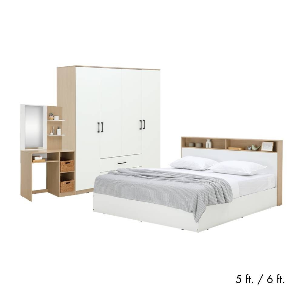 Furinbox ชุดห้องนอน รุ่นคาร์เนชั่น+ฟินซ์ (เตียง,ตู้เสื้อผ้า 4 บาน,โต๊ะเครื่องแป้ง)สีขาว - มี 2 ขนาดให้เลือก