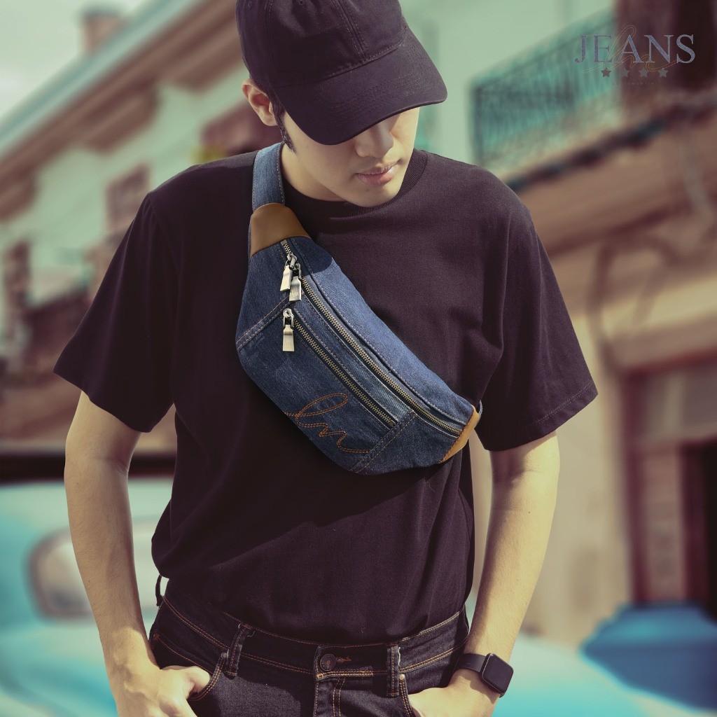 Louis Montini (JEANS) กระเป๋าคาดอก  Belt bag ผ้ายีนส์ผสมหนังวัวเเท้ JEAN02