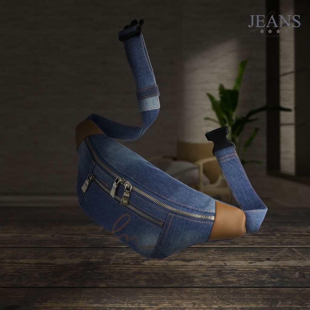 Louis Montini (JEANS) กระเป๋าคาดอก  Belt bag ผ้ายีนส์ผสมหนังวัวเเท้ JEAN02