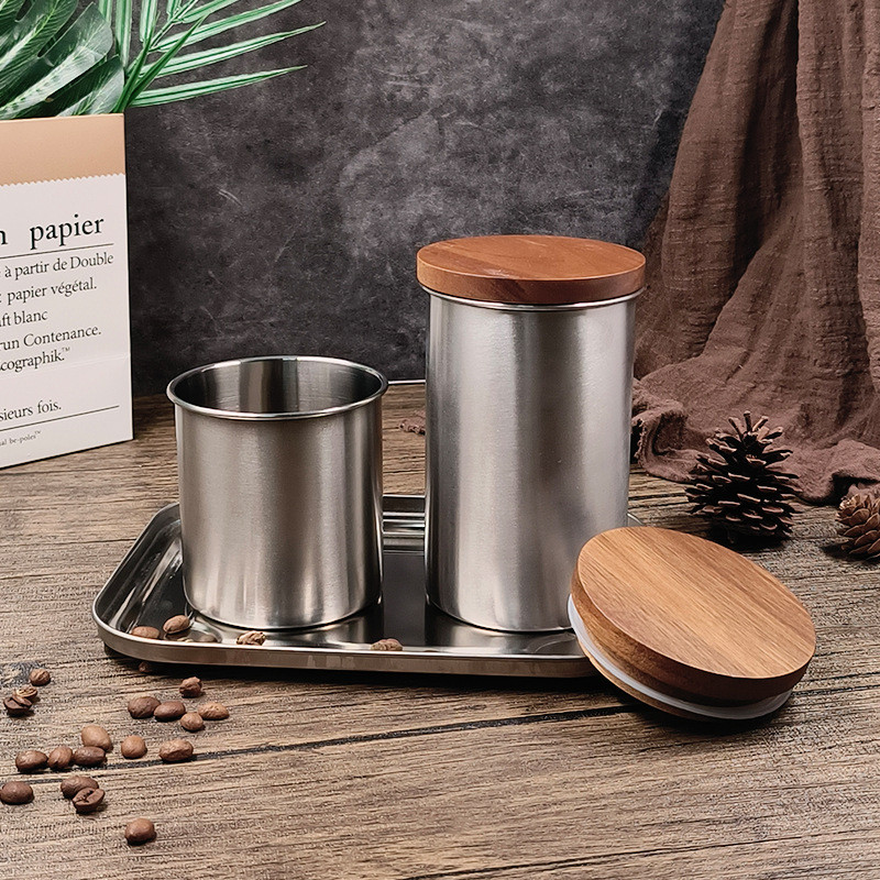 CATFE กระปุกชา กระปุกเก็บกาแฟ 400 มล. สแตนเลส304 ฝาไม้ Stainless Canister สำหรับบรรจุผงมัทฉะ เมล็ดกา