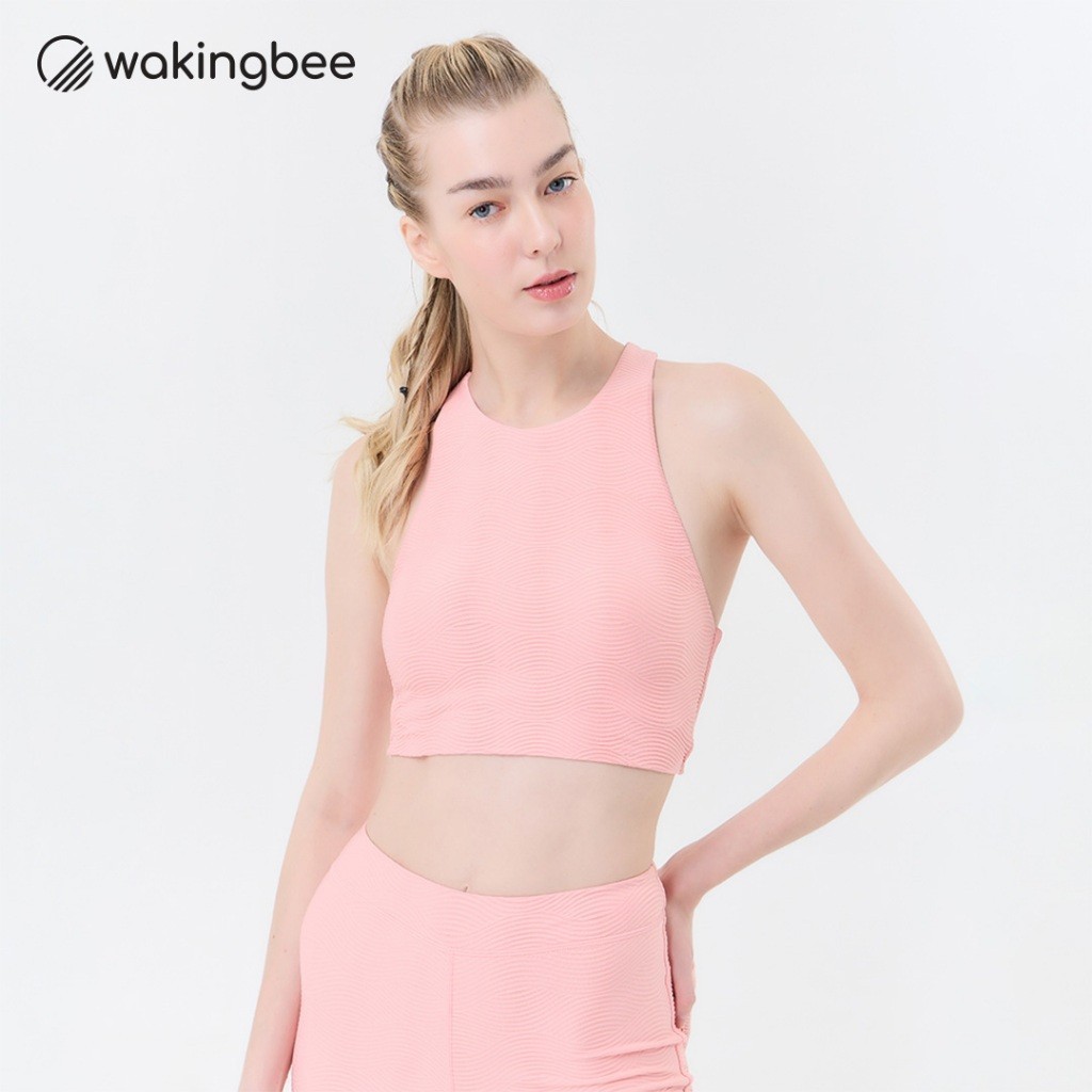 Wakingbee Ripple Crop (Pink) บราว่ายน้ำทรงคร้อป พรางหุ่น เปิดหลังพร้อมสายไขว้ มีตะขอ ผ้ามีลายในตัว กันยูวี แห้งไว