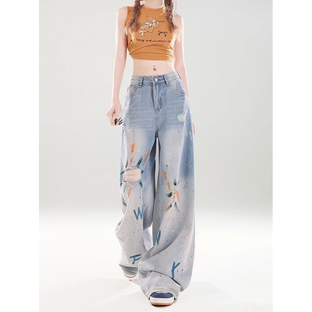 💟🔝กางเกงยีนส์ทรงกระบอกใหญ่ รุ่น Vogue Jeans กราฟฟิตี้ กางเกงยีนส์ขาดเก๋ๆ ขนาดS-XL