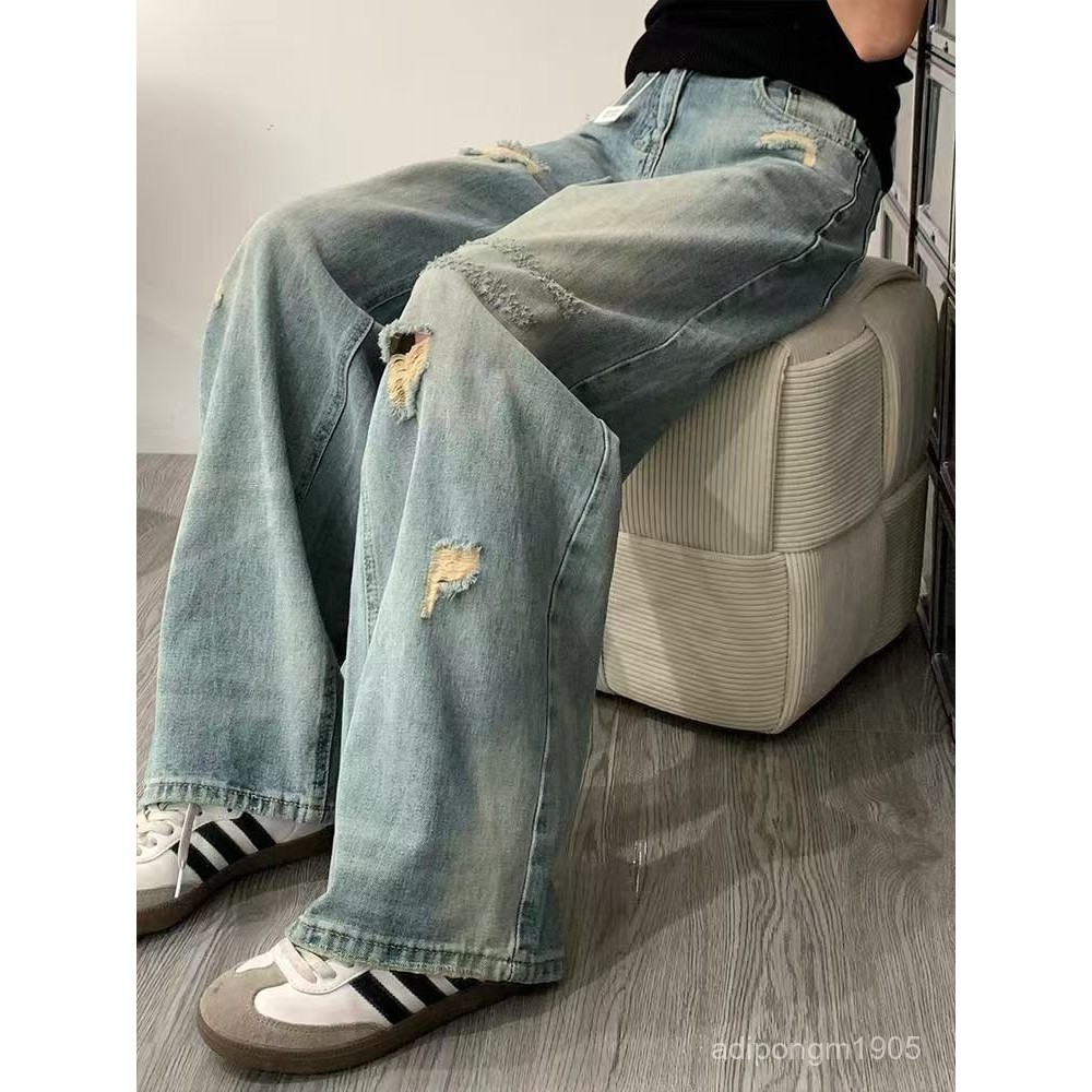 💟🔝กางเกงยีนส์ทรงกระบอกใหญ่ รุ่น Vogue Jeans กราฟฟิตี้ กางเกงยีนส์ขาดเก๋ๆ ขนาดXS-XL