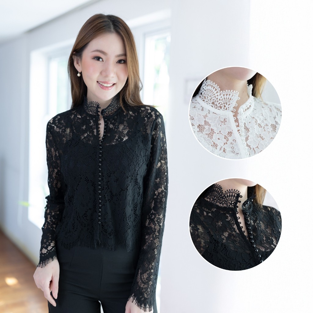 NT2504 High-neck Long Sleeve Lace Blouse เสื้อทรงสั้น เสื้อลูกไม้ เสื้อแขนยาว