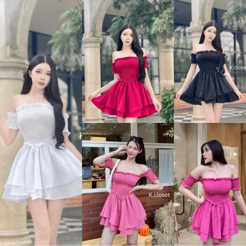 👗เดรสรสเกาะอกต่อแขนสม็อค กระโปรงระบาย2 ชั้น ทรงน่ารักแอบเซ็กซี่เล็กๆ