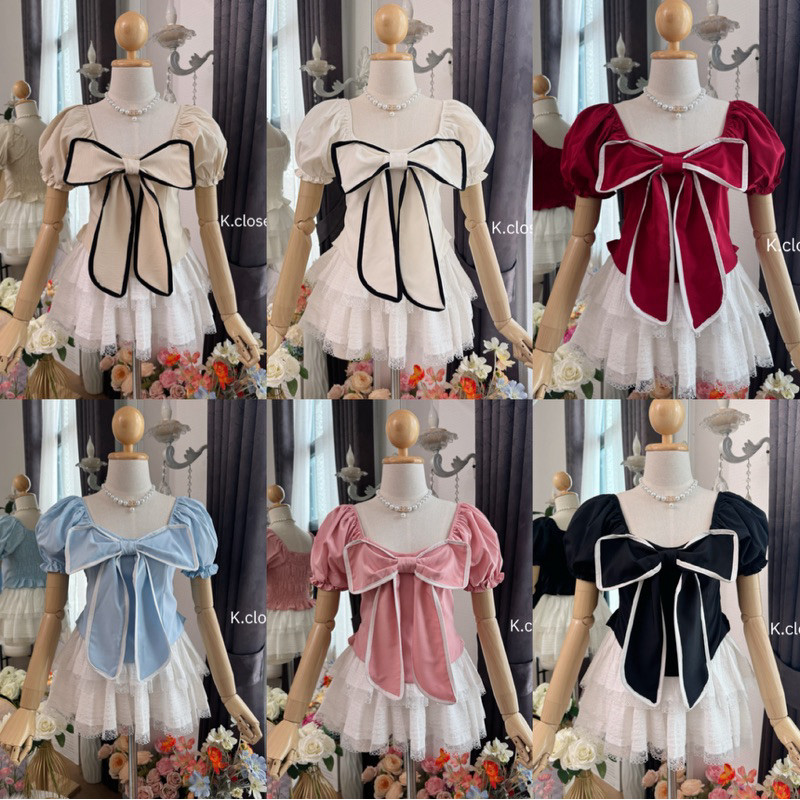 -เสื้อแขนตุ๊กตา อกถึง38 สาวอวบใส่ได้แต่งโบว์หน้าตัดขอบทูโทน 🎀