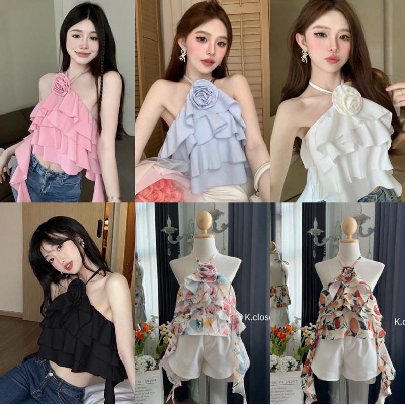 ส่งจากไทย 🚛 ‼️เสื้อสายเดี่ยว กุหลาบ เสื้อคล้องคอกุหลาบ