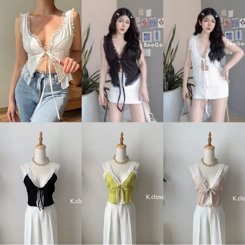เสื้อครอปคอวี แต่งลูกไม้ผูกหน้า เซ็กซี่สวยแซ่ป