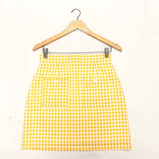 Frommeclothes☀️กระโปรงทรงเอผ้าคอตตอนลายตารางเหลือง(XS-5XL)