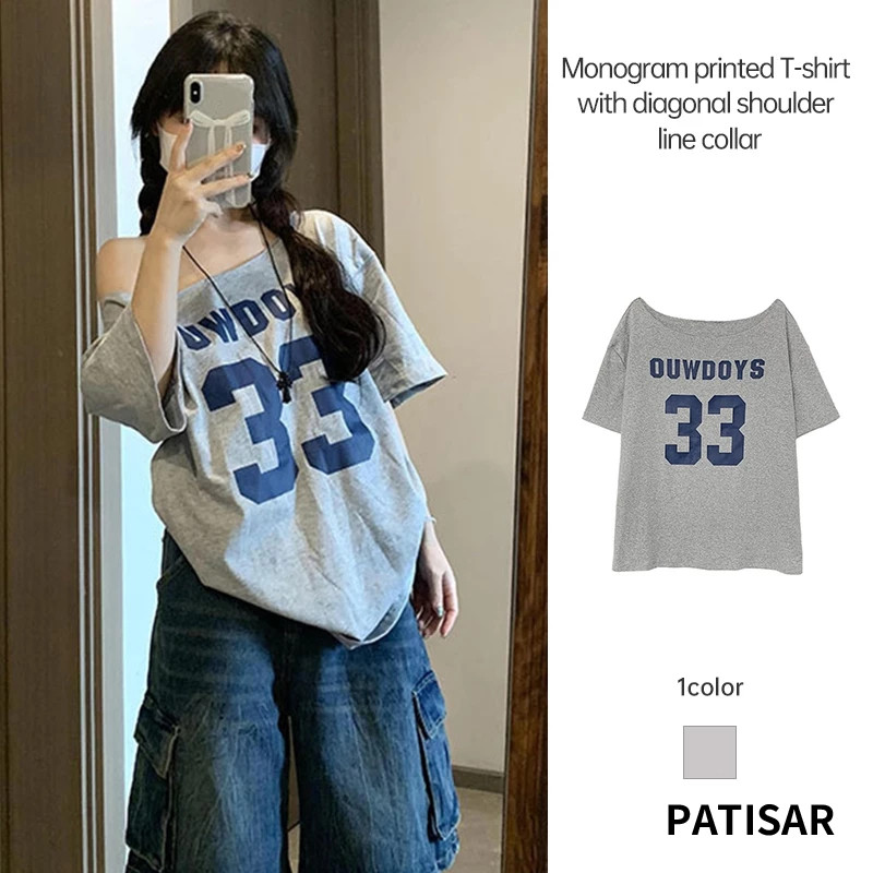 สไตล์อเมริกันปิดไหล่เสื้อยืดแขนสั้นผู้หญิงหลวมเสื้อยืดหวานสาวร้อน TOP PR