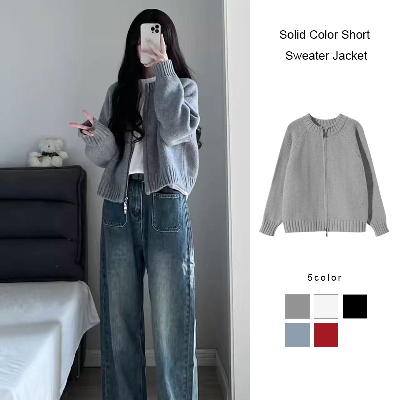 สีทึบสั้นเสื้อกันหนาว Double Zipper ถักเสื้อสเวตเตอร์ถักผู้หญิงหลวมเสื้อแขนยาว LIVE