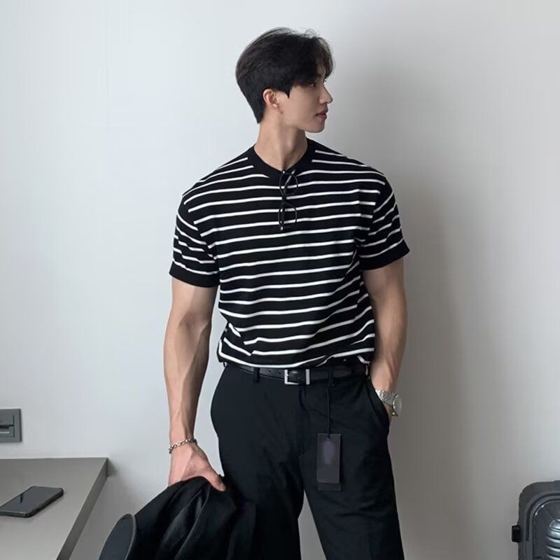 TLHGQ เสื้อยืดแขนสั้นลายทางแฟชั่นสําหรับเยาวชนชุดลําลองฤดูร้อน