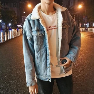 TLHGQ ชุดคู่ผ้าขนสัตว์เนื้อแกะผู้ชาย แจ็คเก็ตยีนส์ เสื้อโค้ทผ้าฝ้ายที่อบอุ่น แจ็คเก็ตขนาดบวก