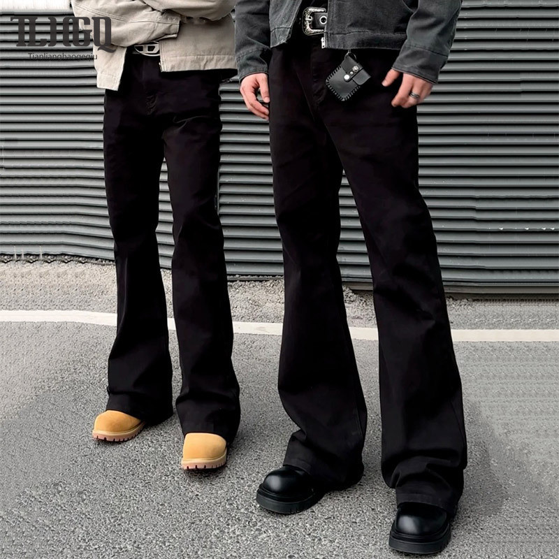 Tlhgq กางเกงผู้ชายทรงสลิม กางเกงสตรีทอเมริกันสีดําบริสุทธิ์