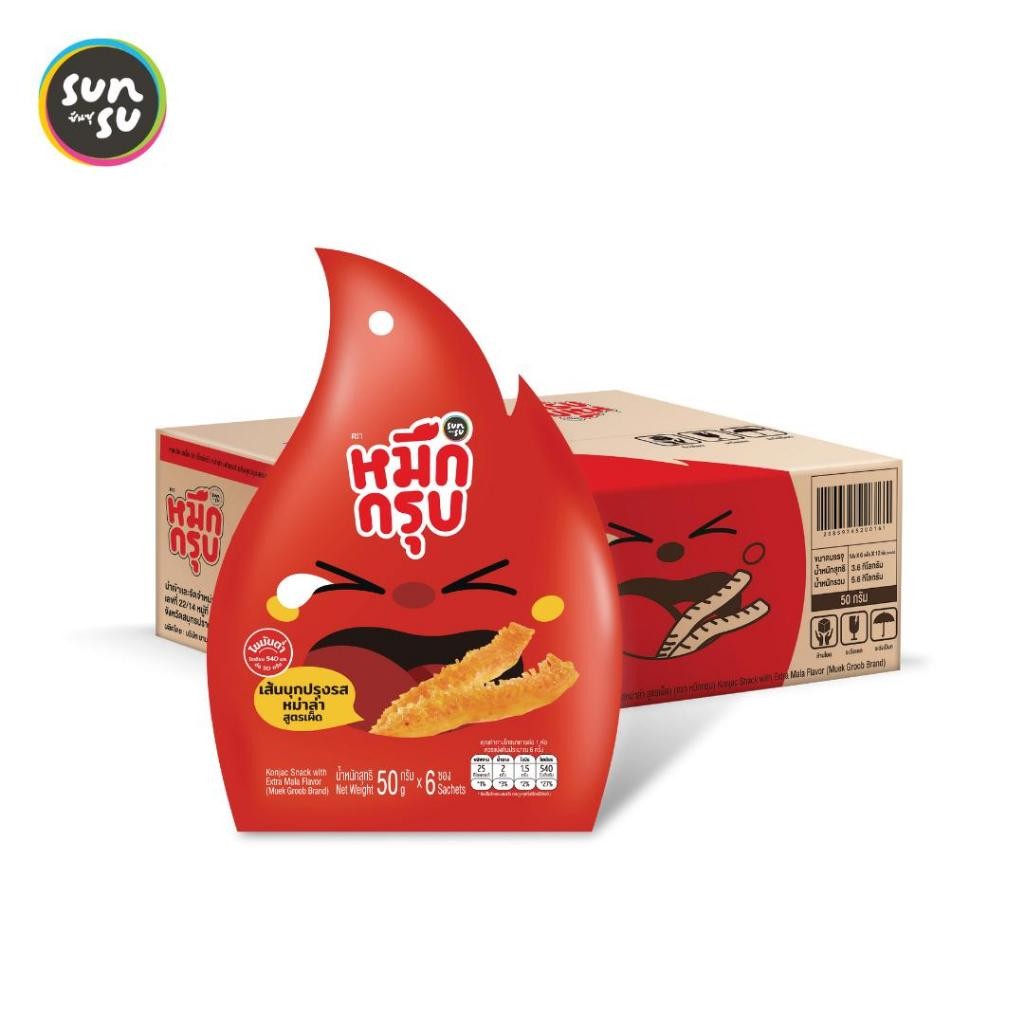 (แพ็ก 24-72 ซอง) Muek Groob หมึกกรุบ เส้นบุกปรุงรสหม่าล่า สูตรเผ็ดไฟลุก หมึกกรุบซันซุ sunsu