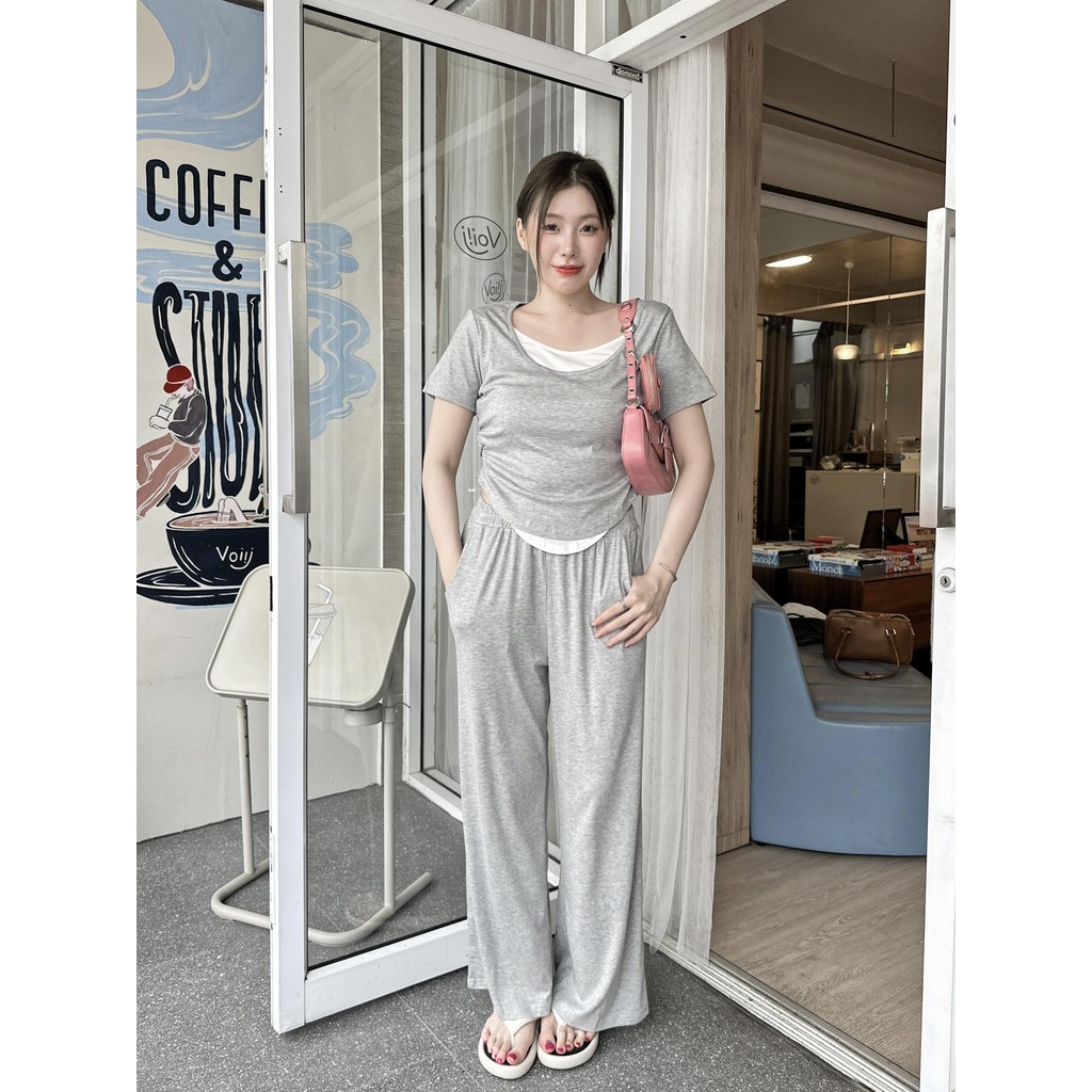 Dre Classic Set เซ็ตสไตล์เกาหลีผ้าพื้นผ้ายืดคอตตอนเนื้อเด้งไม่ใช่เรย่อน