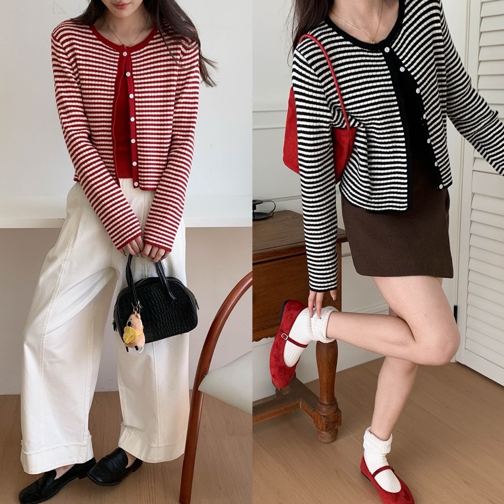 (พร้อมส่ง) Clothestoryy - Sally Knit Set *เซ็ต2ชิ้น* เสื้อคาร์ดิแกนไหมพรลายทาง + สายเดี่ยวสีพื้น
