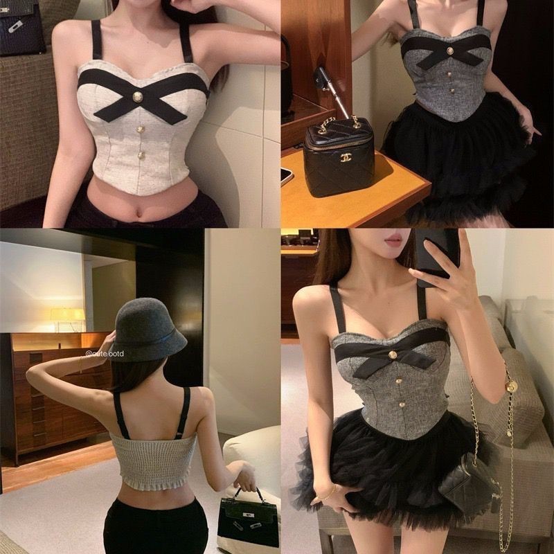 พร้อมส่ง เสื้อสายเดี่ยวแฟชั่นบรางานผ้าทวิตตกแต่งด้วยกระดุมทองติดโบว์สวยดูแพงมีฟองน้ำในตัวด้านหลังเป็นสม็อคยืดหยุ่นได้