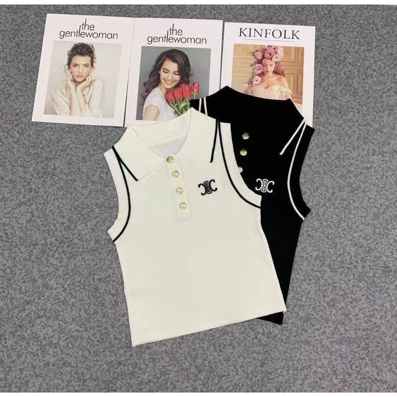 GN พร้อมส่ง เสื้อแขนกุดคอปกแต่งกระดุมทองไหมพรมปักโลโก้แบรนด์รุ่นใหม่ล่าสุดงานสวยดูดีผ้าเนื้อดีเกรดคุณภาพงานป้ายy.p.y