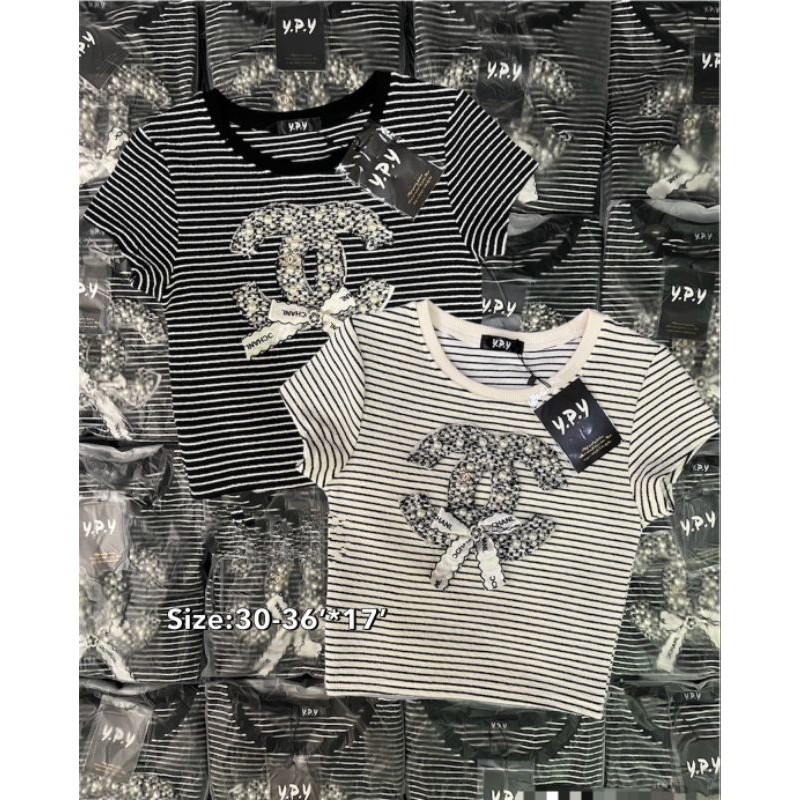 GN พร้อมส่ง เสื้อครอปลายริ้วสุดปังติดอะไหล่เพชรอลังการสวยมากใส่แมทช์ได้ทุกแนวงานสวยสุดๆผ้าเนื้อดีใส่สบายงานป้าย ypy