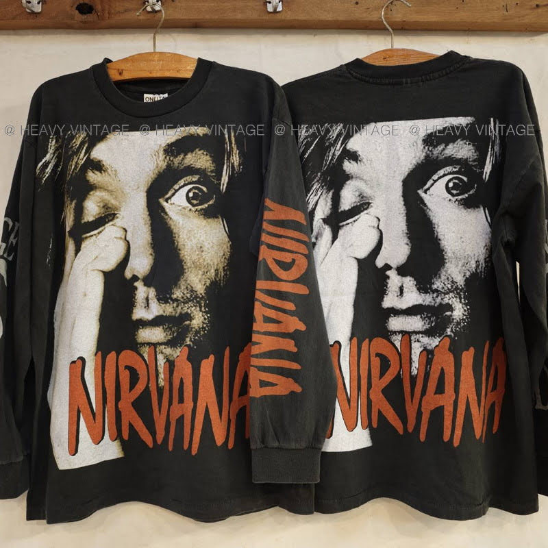 NIRVANA KURT COBAIN BIO Washed Long Sleeve tag USA เสื้อวินเทจ เสื้อทัวร์ วงร๊อค heavy vintage shirt