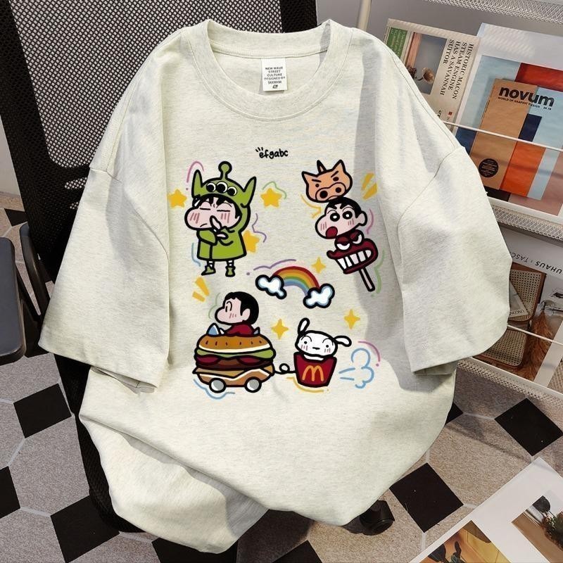 ผ้าฝ้าย 100% อเมริกันฤดูร้อนแขนสั้นเสื้อยืดชายนักเรียนหญิงการ์ตูนพิมพ์หลวมทั้งหมดตรงกับ