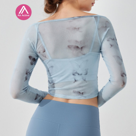 Yoga Sports Top Long Sleeve Fixed Pads 2 in 1 Design Butterfly Print Mesh-stitching
