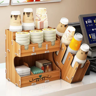 TIMECAFE กล่องไส่แก้วกาแฟ วัสดุไม้ ใส่หลอดดูด เก็บฝาได้ กล่องถ้วยกาแฟ BU8V