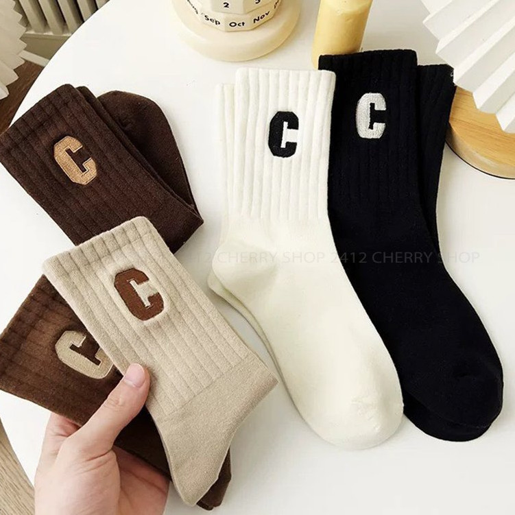 poppyjoy Big C Letter ถุงเท้าเด็กถุงเท้ายาวปานกลางฤดูใบไม้ผลิฤดูใบไม้ร่วงฤดูหนาวถุงเท้าหญิง