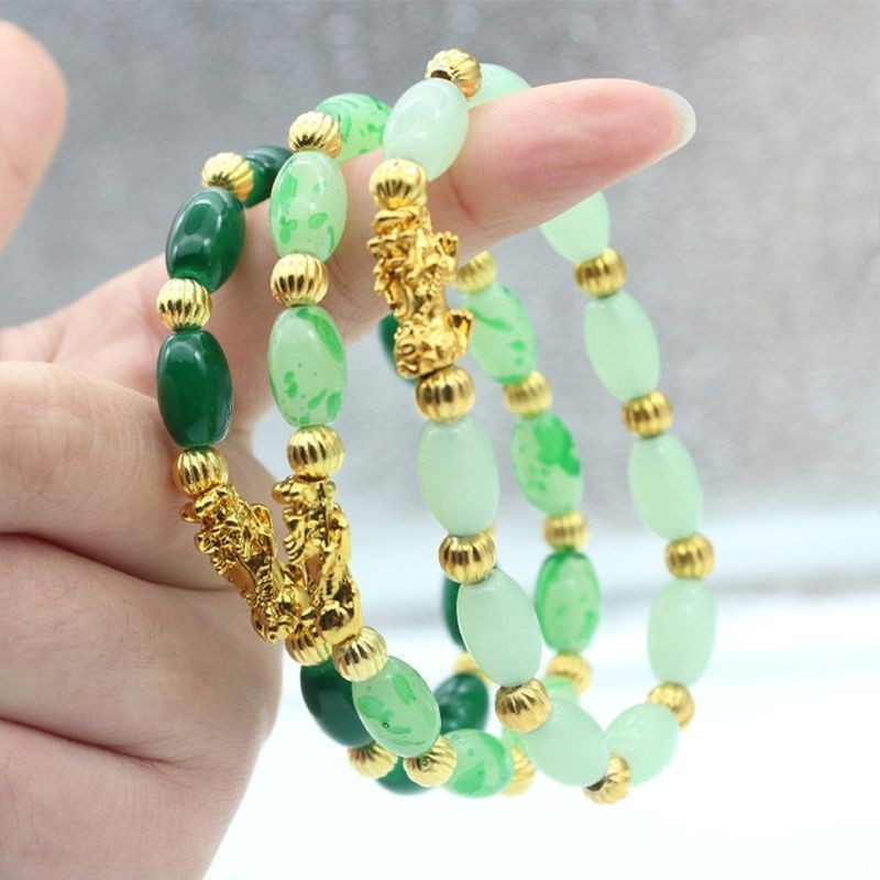poppyjoy เลียนแบบหยกรูปไข่สร้อยข้อมืออาเกตสุภาพสตรี Hard Gold Pixiu Lucky Gold สร้อยข้อมือลูกปัด