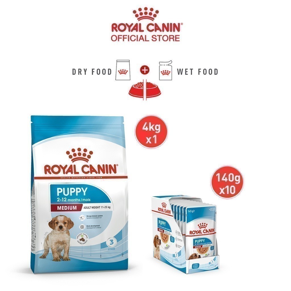 Royal Canin Medium Puppy อาหารเม็ดลูกสุนัขพันธุ์กลาง อายุ2-12เดือน(4 กก.)+อาหารเปียกลูกสุนัขพันธุ์กลาง 140 ก. X 10 ซอง