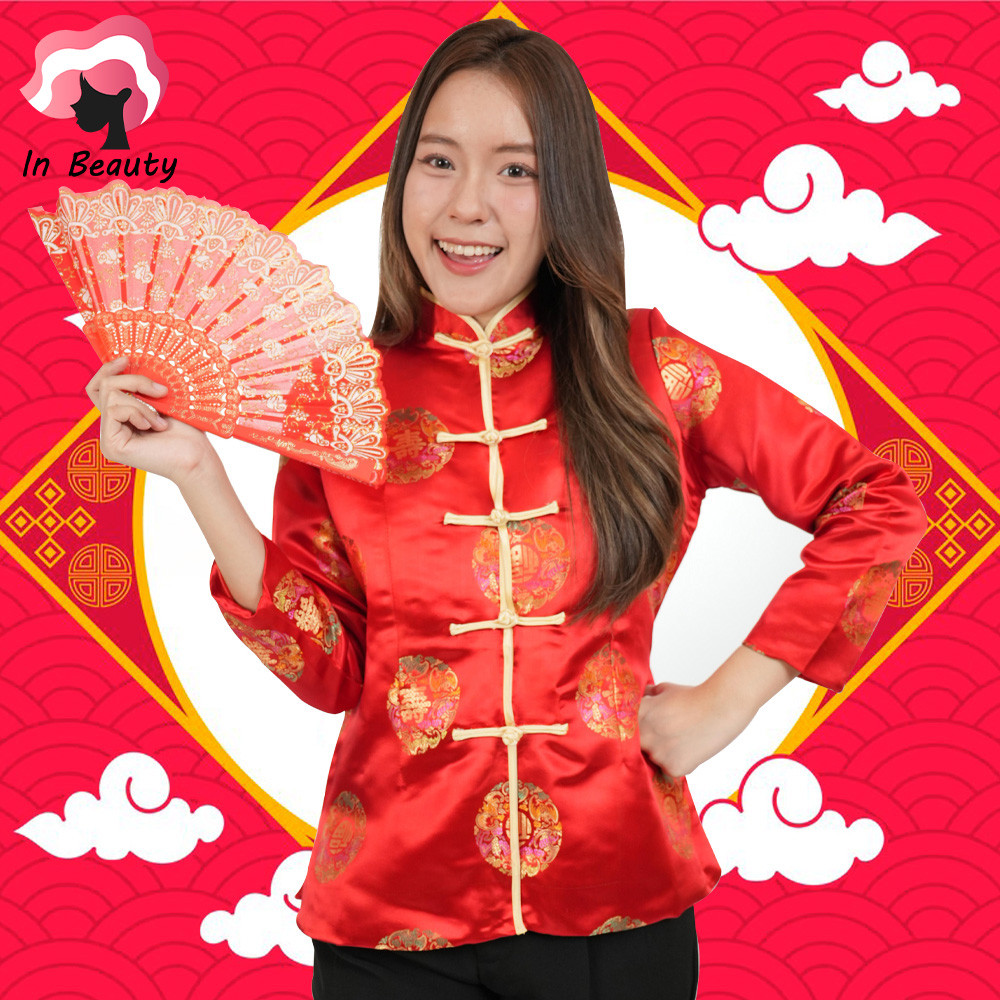 In Beauty เสื้อจีน เสื้อเดี่ยว แขนยาว สีแดง สำหรับผู้หญิง ชุดกี่เพ้า ขอบสีทอง แบบปักกระดุมจีน 71