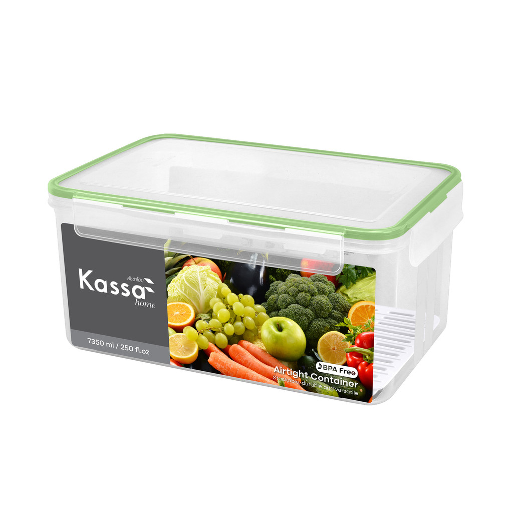 กล่องอาหารทรงเหลี่ยมฝาล็อก พร้อมตะแกรง 7,350 มล. Fresco KASSA HOME รุ่น JCJ-9514 สีเขียว