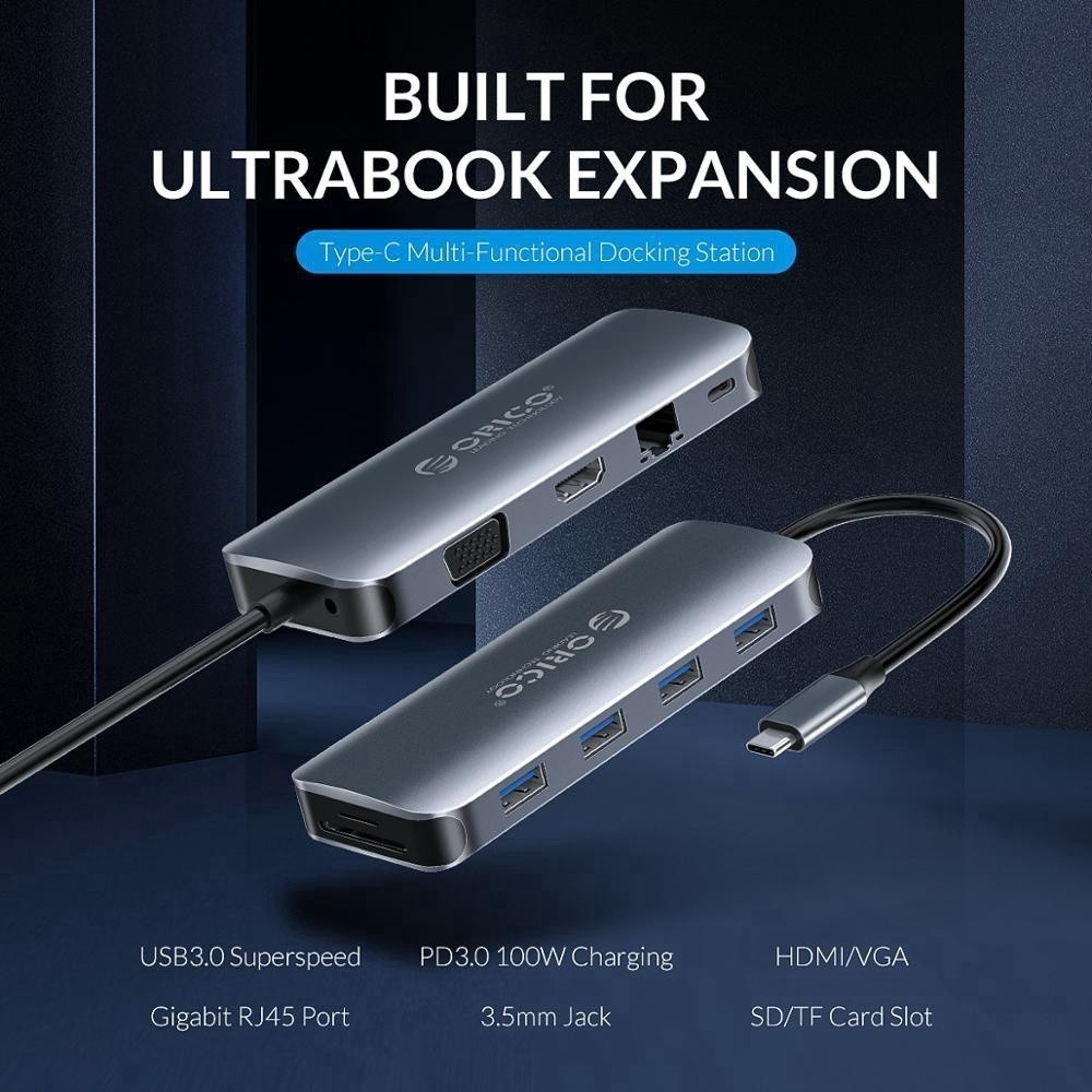 [ออกใบกำกับภาษีได้ E-TAX] ORICO MC-U111P USB-C Docking Station USB3.0 HDMI VGA 100W PD RJ45 Card Reader Audio Adapter