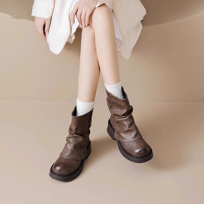 IELGY IELGY รอบ นิ้วเท้า สีทึบรองเท้าผู้หญิง 2025 แพลตฟอร์มอัศวินอังกฤษ มาร์ติน บูต หนัง - รูปที่ 4