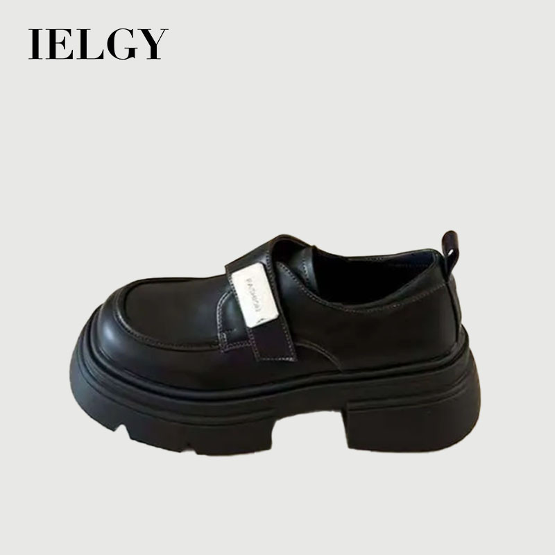 IELGY รองเท้าโลฟเฟอร์หนังพื้นหนาขนาดเล็กสีดําสไตล์อังกฤษสําหรับผู้หญิง