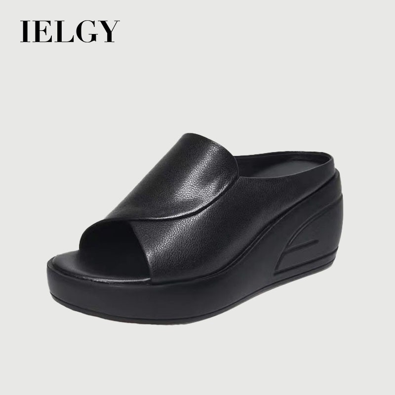 IELGY ลิ่ม ส้นรองเท้าแตะผู้หญิงใหม่จริงหนังนุ่มฤดูร้อนมัฟฟินพื้นหนา