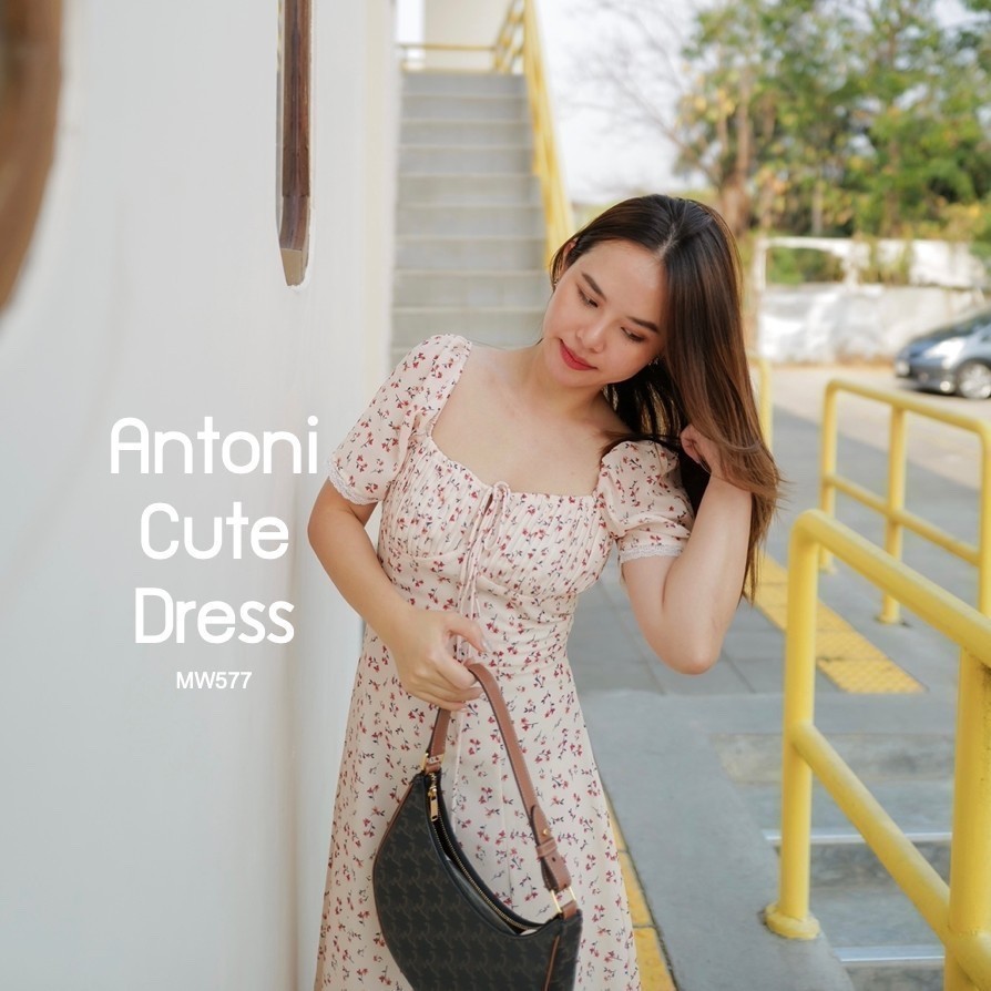 MyWay Brand : Dress - Antoni Cute ชุดเดรสยาวสีครีมตุ่นๆ เดรสใส่เที่ยว เดรสลายดอกไม้