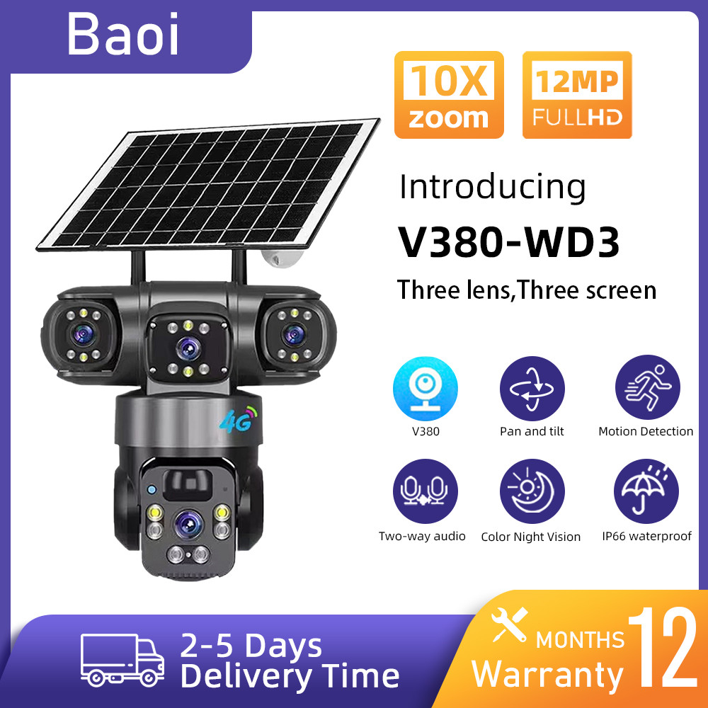 v380 pro กล้องวงจรปิดพลังงานแสงอาทิตย์ ใส่ซิมการ์ด 4G 3 เลนส์ 3 ภาพ ติดตามการเคลื่อนไหว แบตเตอรีในต