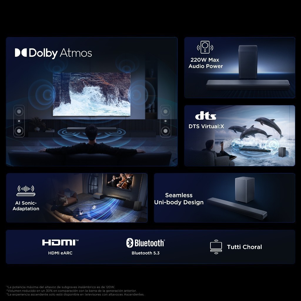 TCL Sound Bar พลังเสียง 220W รองรับ Bluetooth 5.3 รุ่น S55H พร้อม Subwoofer ไร้สาย ขนาด 810 มิลลิเมตร 2.1 Channel Dolby