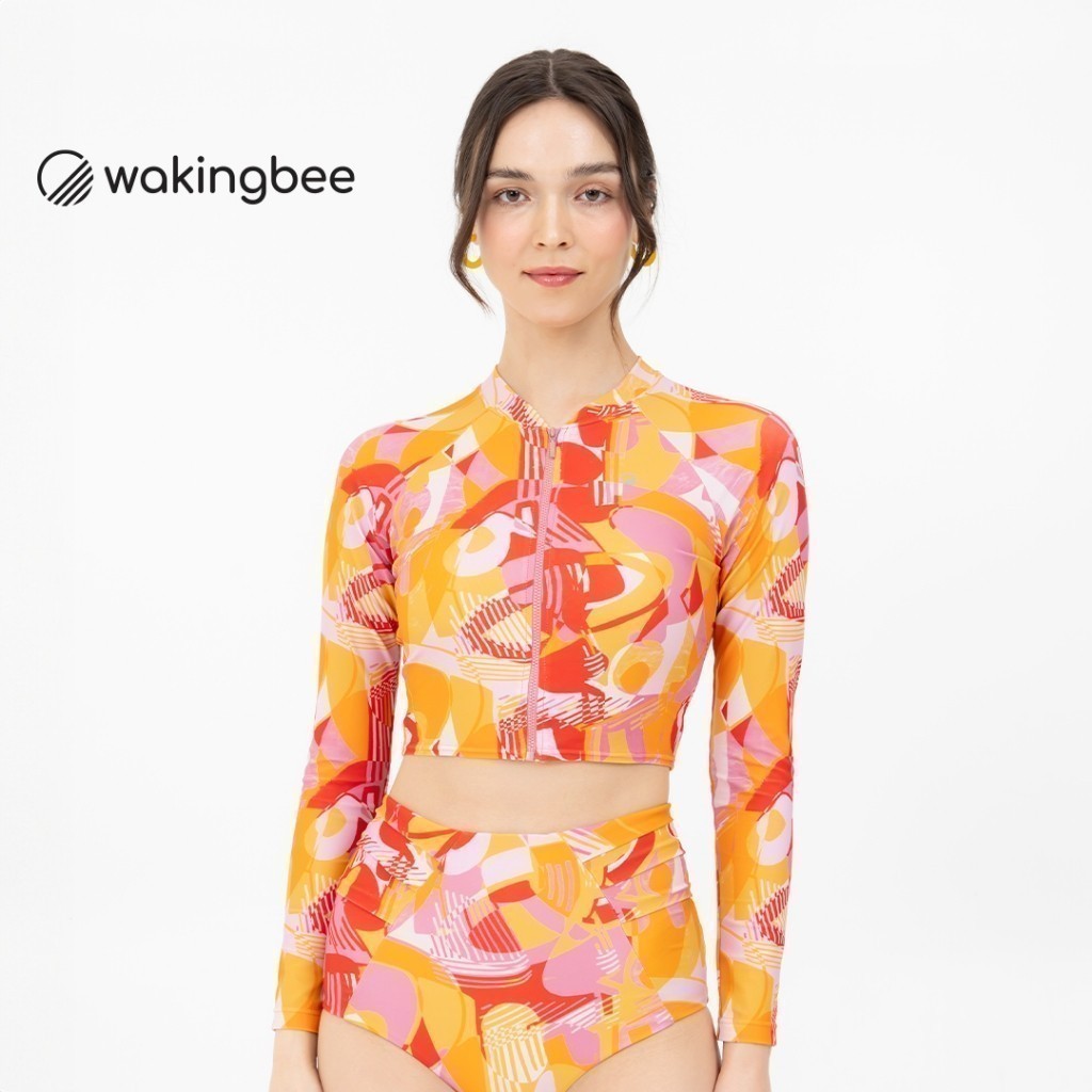 Wakingbee Rio Bratop (Bonfire) เสื้อว่ายน้ำแขนยาว มีบราในตัว มีฟองน้ำถอดได้ ซิปหน้า ทรงคร้อป ผ้ากันยูวี แห้งไว
